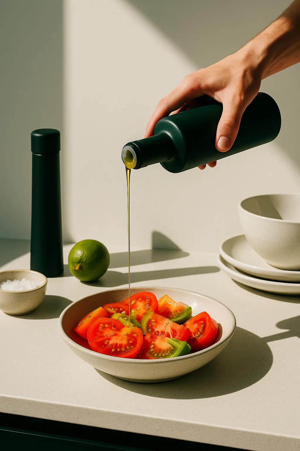 A vibrant, sun-drenched photo of olive oil being drizzled on a salad